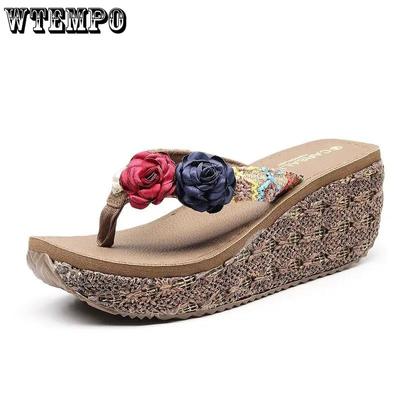 Нескользящие сандалии на высоком каблуке, тапочки, женские шлепанцы на толстой подошве, украшения с вышивкой, в богемном стиле, простые повседневные летние