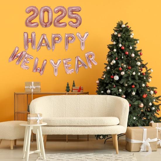 Набор воздушных шаров с Новым годом 2025 года, самозапечатывающиеся воздушные шары из алюминиевой фольги, баннер с Новым годом, фон для вечеринки в канун Нового года, декорации