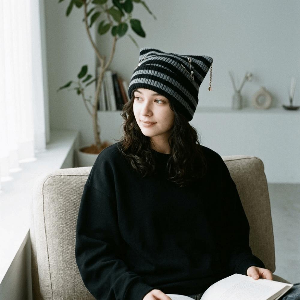 Thickened Knitted Striped Hat Polyester Warm Hat Y2K Gothic Cat Ear Beanie Sports