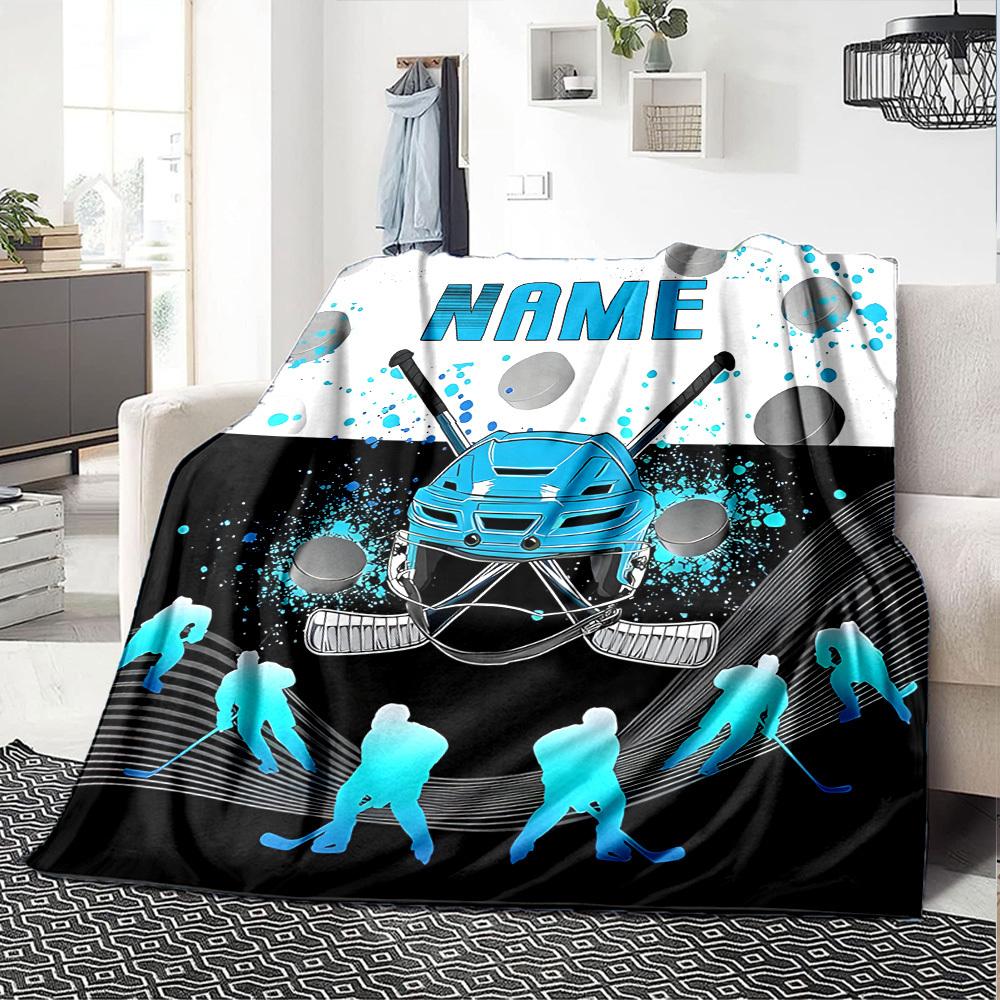 Ice Hockey Gear And Player Silhouettes Design Gift Customize Your Name Soft Cozy Throw For Sofa Couch Office Bed Picnics Allseason Use Stylish Decor
