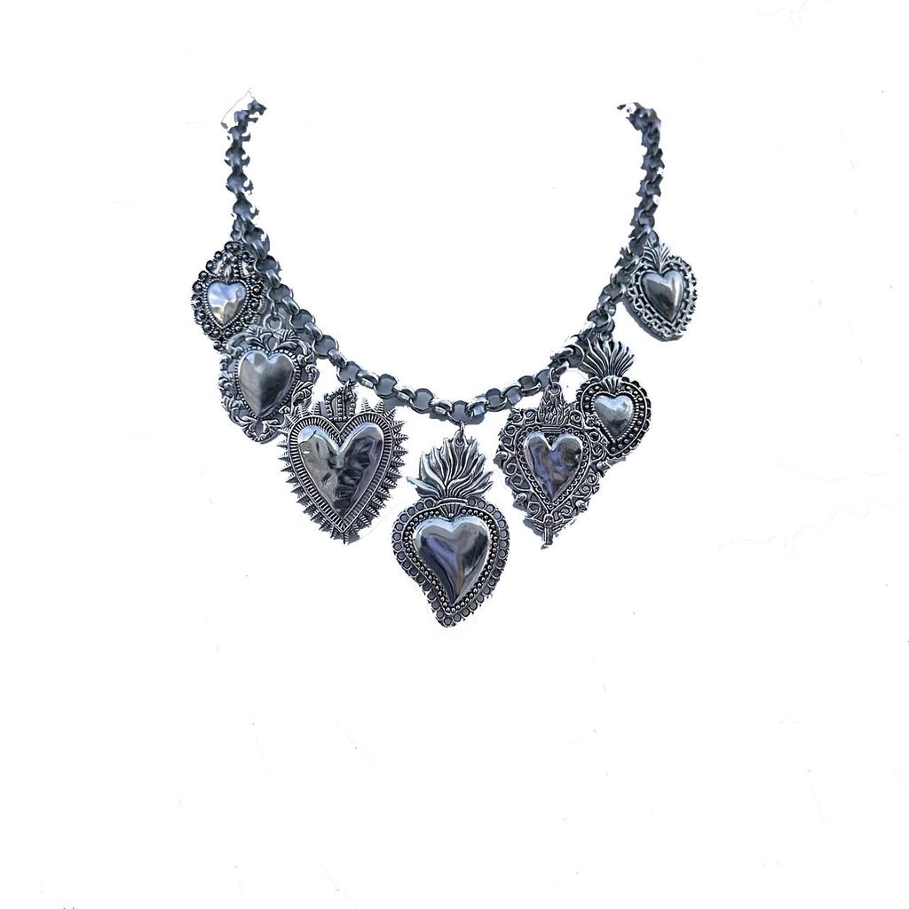 Vintage Religious Multiple Sacred Heart Pendant Necklace Chain