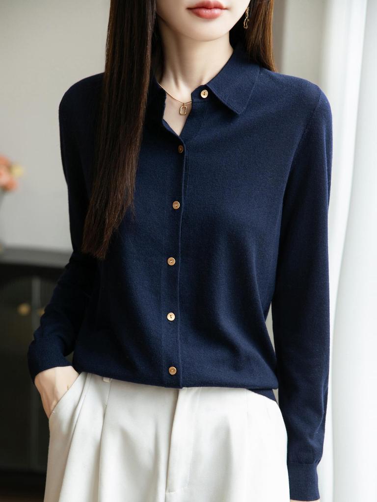 Женский вязаный кардиган на начало осени: Свитер-топ с воротником поло и длинными рукавами