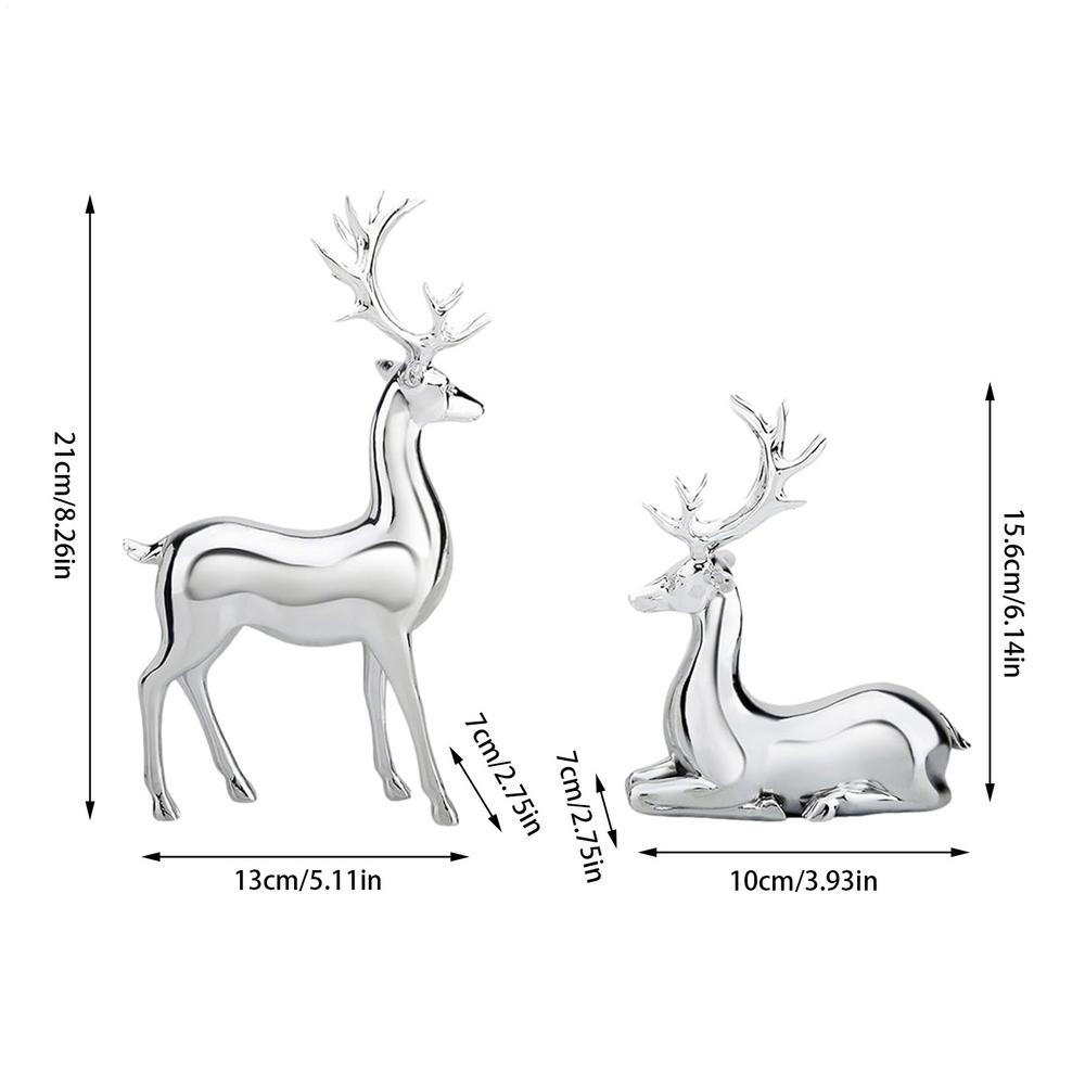 Silver Deer 2PCS Electroplated Silver Deer Figurine Handicraft Piece Resin Sculpture Christmas Center Table Decorations For