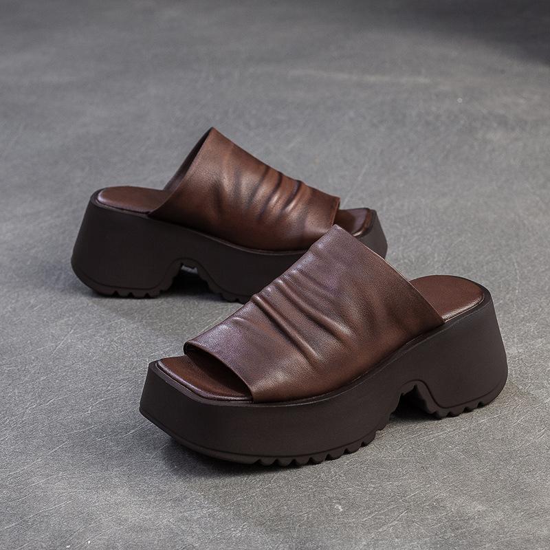 Fashion GKTINOO Retro Peep Toe Outdoor Platform Slippers Summer 2025 New Genuine Leather Comfortable Height Increasing Women's Shoes