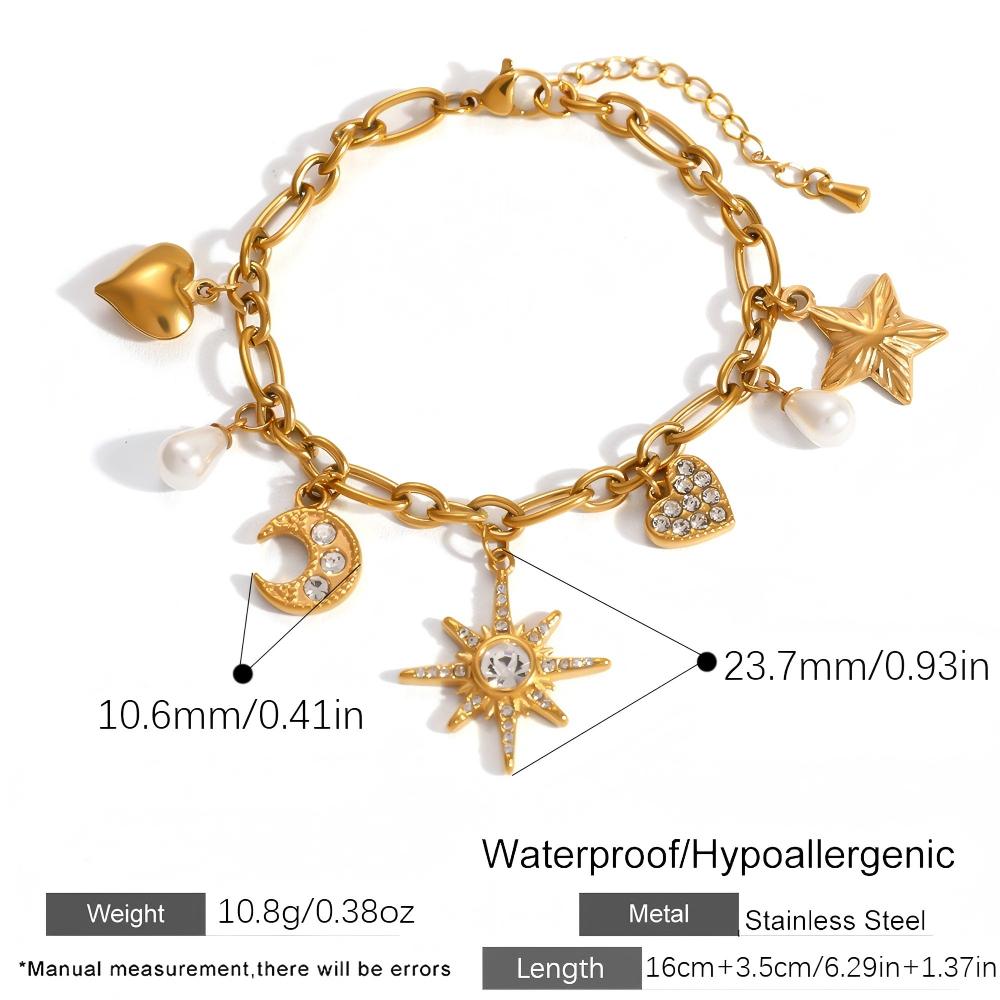 Landy Star Moon Sun Heart Waterproof Chain Bracelet Stainless Steel Gold Plated Zircon Chain Bracelets for Summer