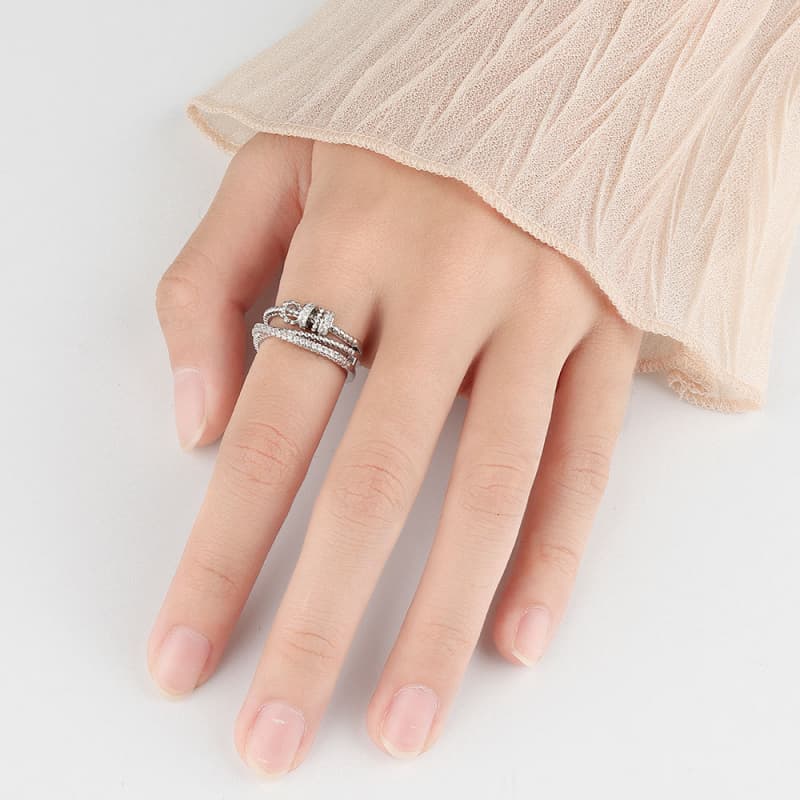 925 Silver Plated Double Layer Zircon Open Ring for Women Fashion Simple Rotatable Adjustable Ring Jewelry Birthday Gift