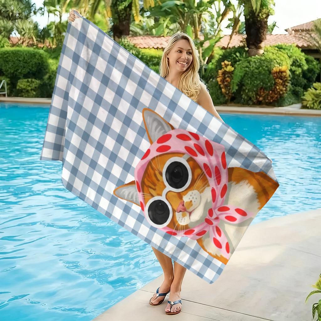 A Cartoon Cat Wearing Headscarf Beach Towel Quick-drying Towel Suitable for Seaside Pool Camping Vacation Yoga For Family Friend