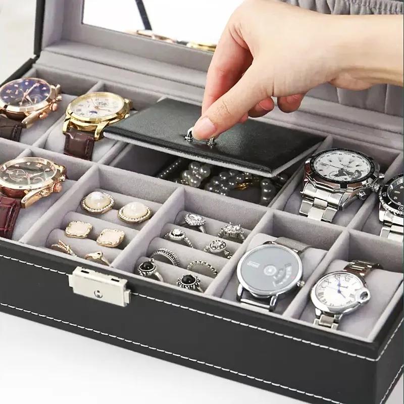 8 Slot Watch Box Cases Jewelry Storage Box Organizer for Men Women PU Leather Lockable Watch Holder with Ring