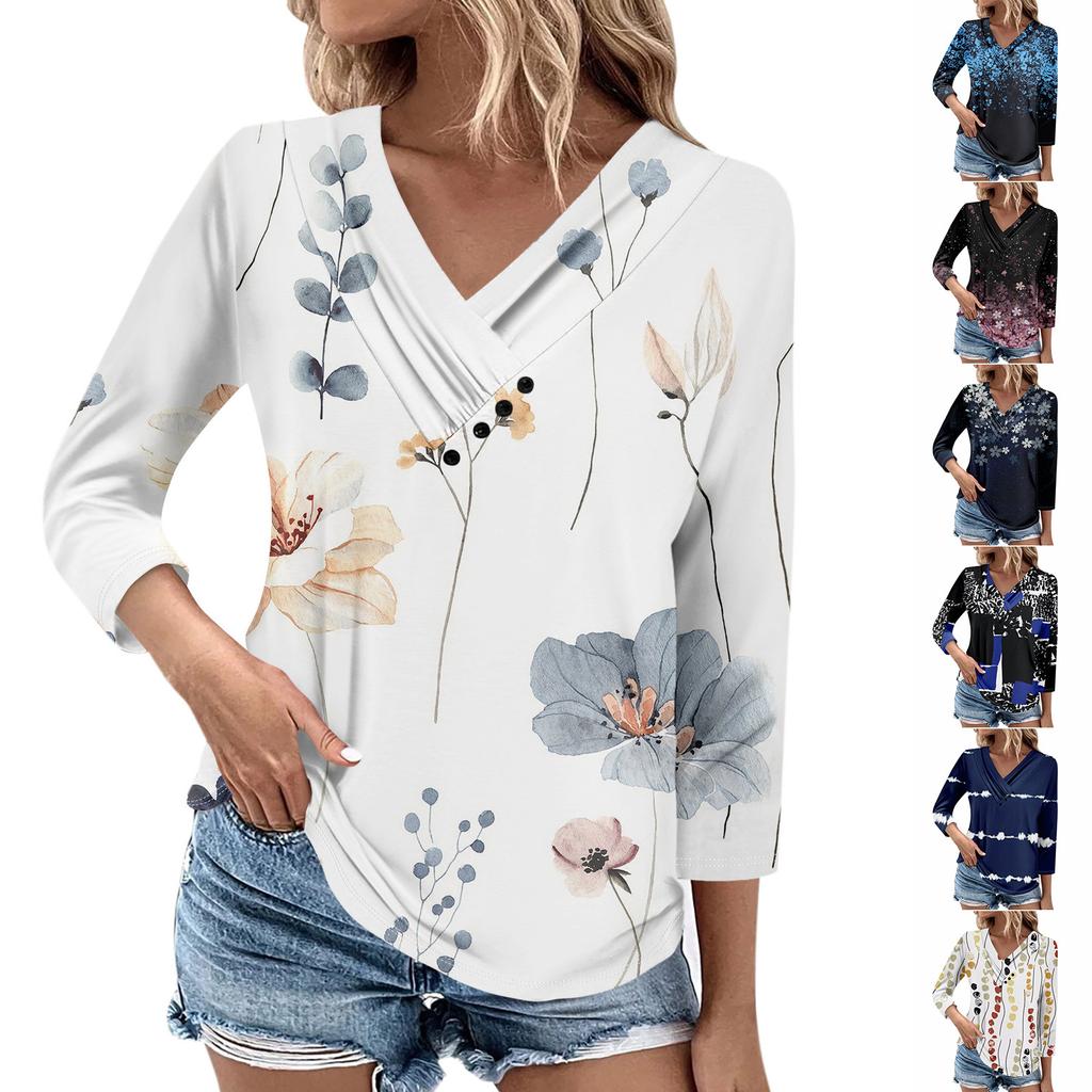 Womens 3/4 Sleeve Daily Weekend V Neck Casual Printed Tshirts Loose Fit Pleated Tees Ladies Blouse