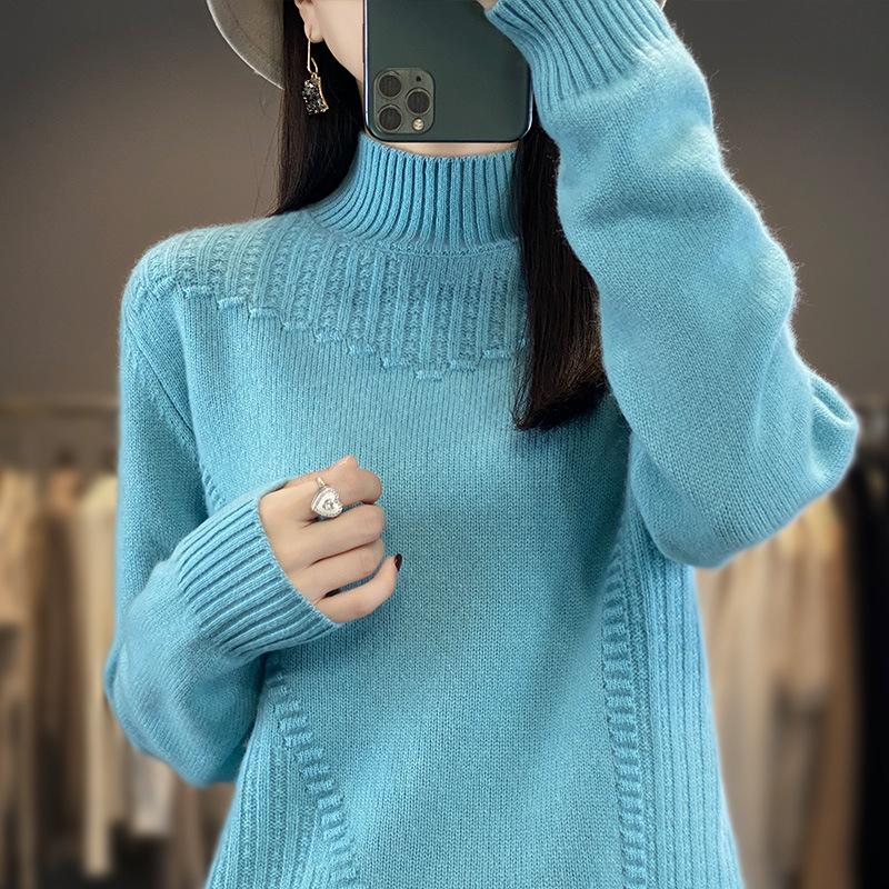 IHUASU Half High Neck Thickened Jumper Women's Fashion Versatile Loose Knitted Bottoming Shirt Autumn and Winter Tops