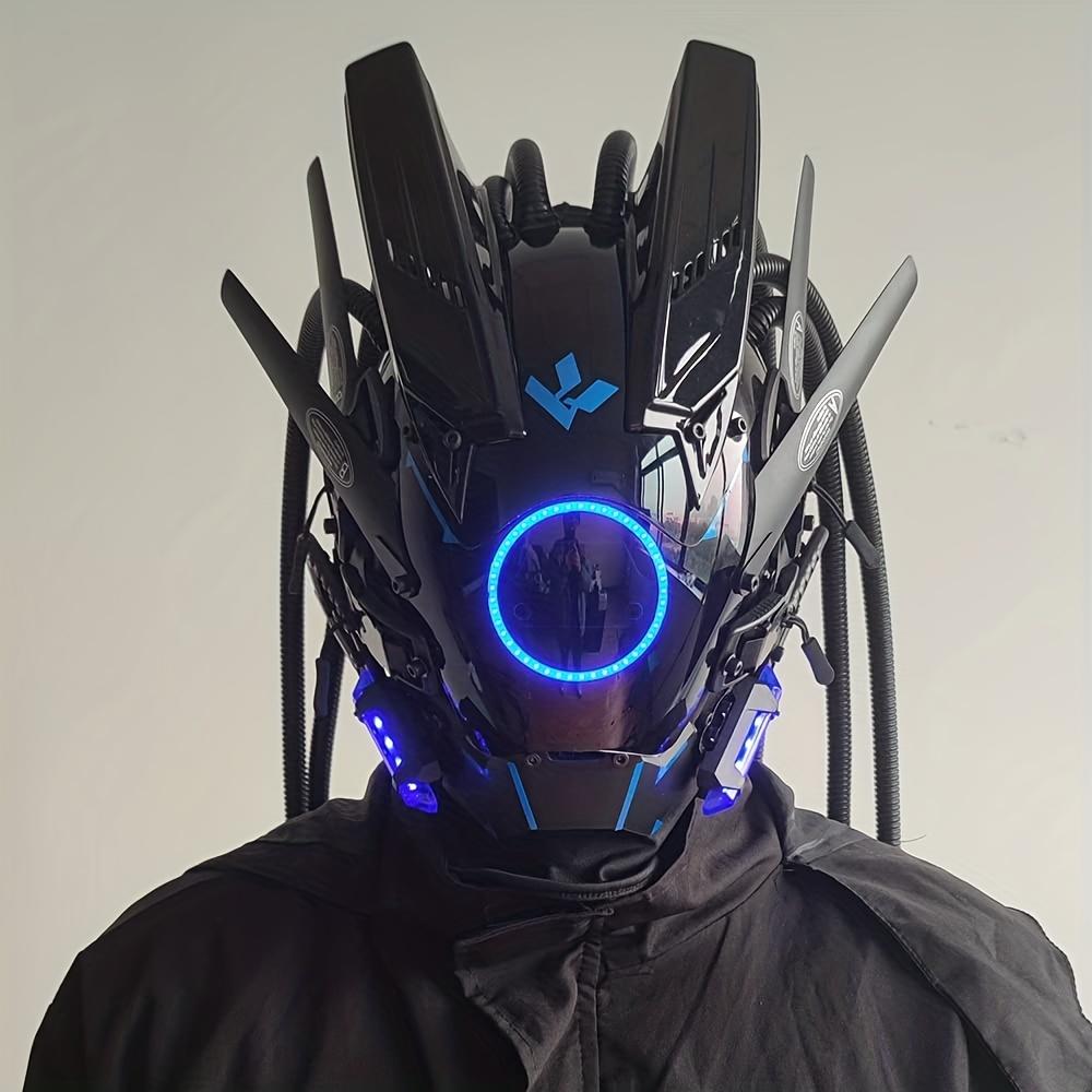 New Tubular Braid Black Cyberpunk Mask Round Light Wing LED Light-emitting Mask Cosplay Sci-fi Gear Party Music Festival