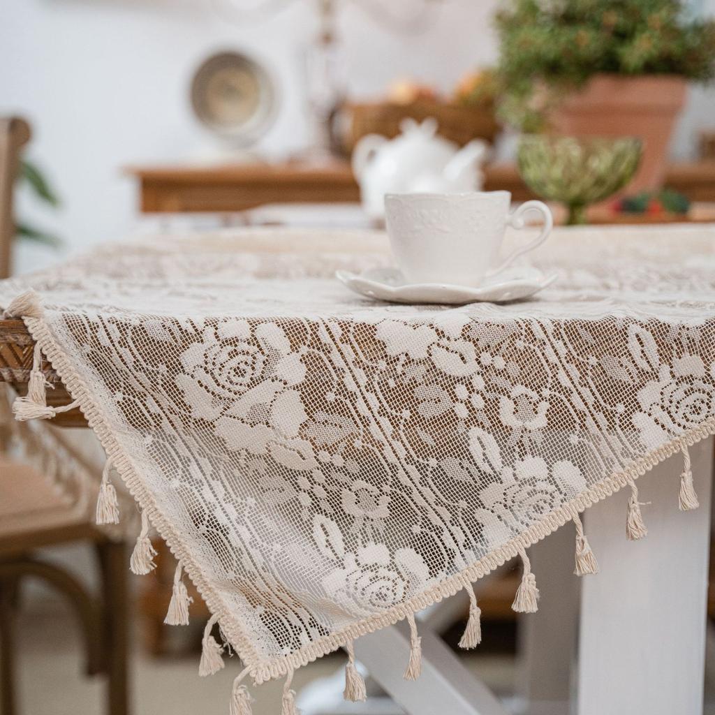 Bohemian Chic Crochet Lace Tablecloth, Farmhouse Style Vintage Hollow-Out Design Beige/Brown, Perfect for Kitchen Dining, Buffet Table, Holiday Dinner