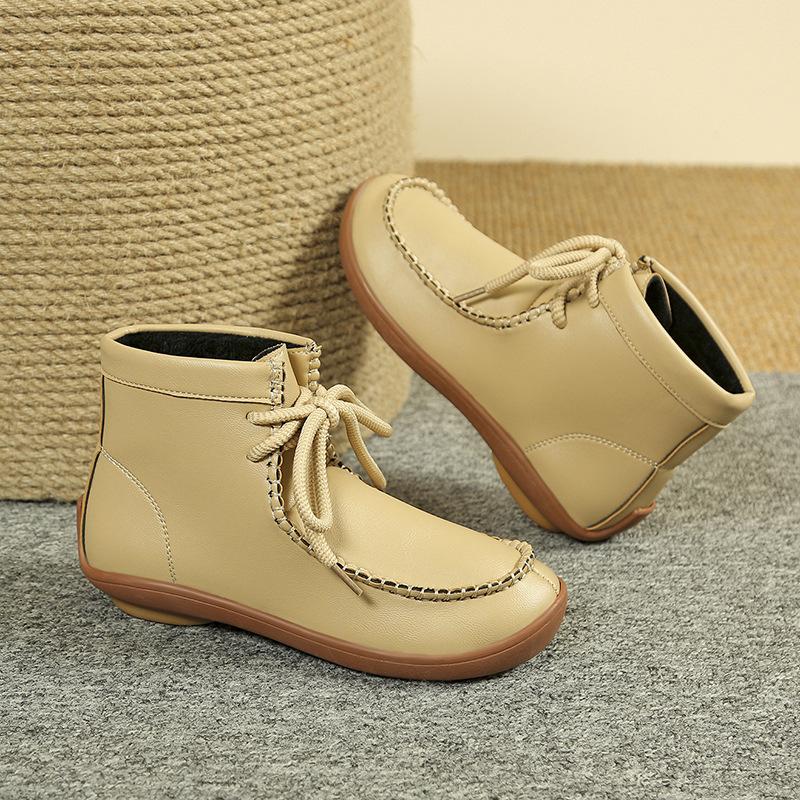 Women's Plus Size Round Toe PU Snow Boots Casual Short Tube Flat Bottom Martin Boot Shoes 36-43