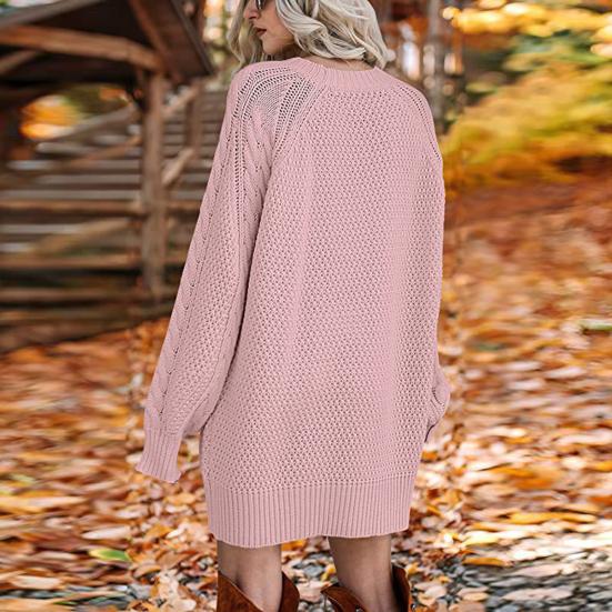 Женский пуловер-свитер с круглым вырезом, сохраняющий тепло, длинный рукав, средней длины, объемное вязаное платье-свитер для повседневной носки