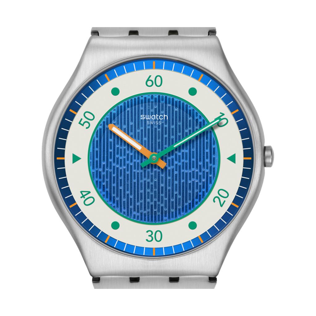 SWATCH Quartz Movement 30 Meters Waterproof Unisex Swiss Watch 42mm Blue Dial Stainless Steel Case Stainless Steel Strap SS07S143G