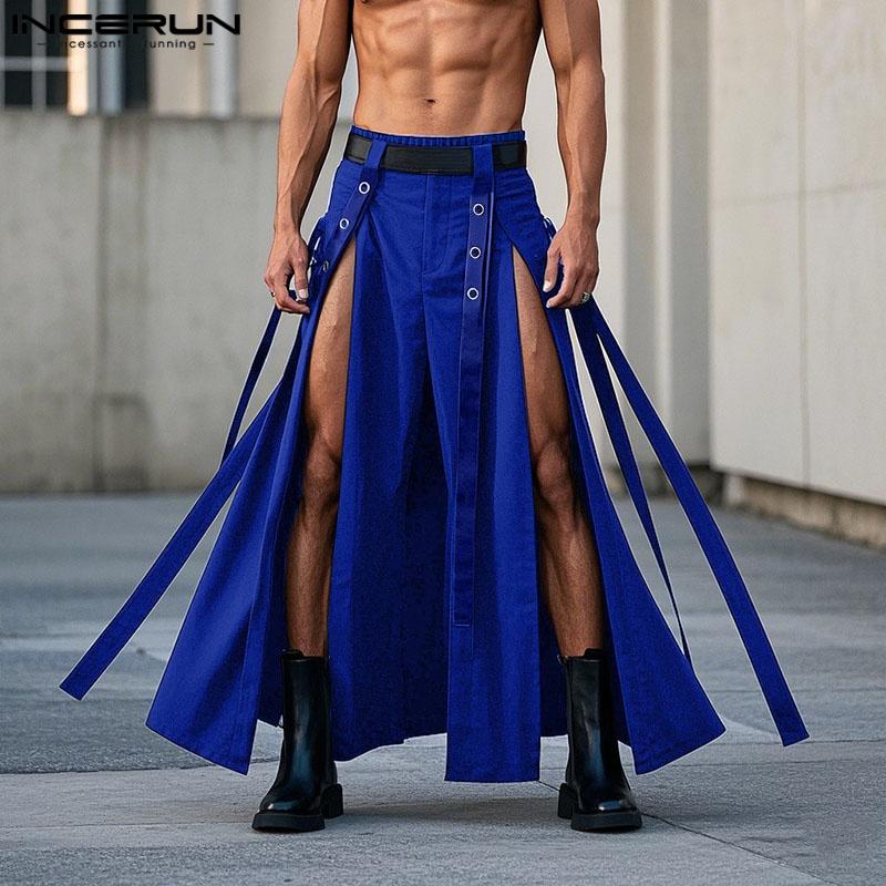 INCERUN Мужские эластичные талии с длинными кисточками, плиссированные, повседневные, разрезы, свободные юбки-килты