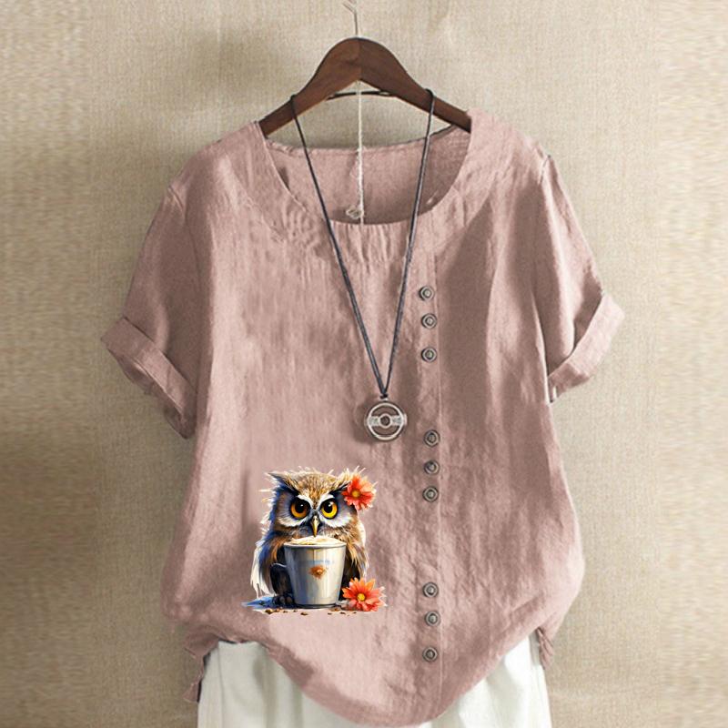 Women's Fashion Cartoon Owl Prined Short Sleeve T-shirt Loose Cotton Shirt Casual Loose Summer Blouse Tops Plus Size