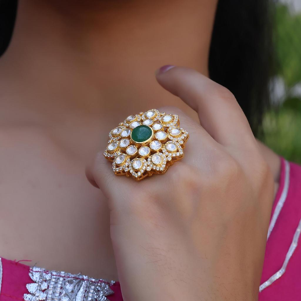 Indian Kundan Women Ring 925 Sterling Silver Handmade Jewelry, Gold Finish Kundan Ring, Statement Women Ring Polki Ring, Moissanite Adjustable Ring