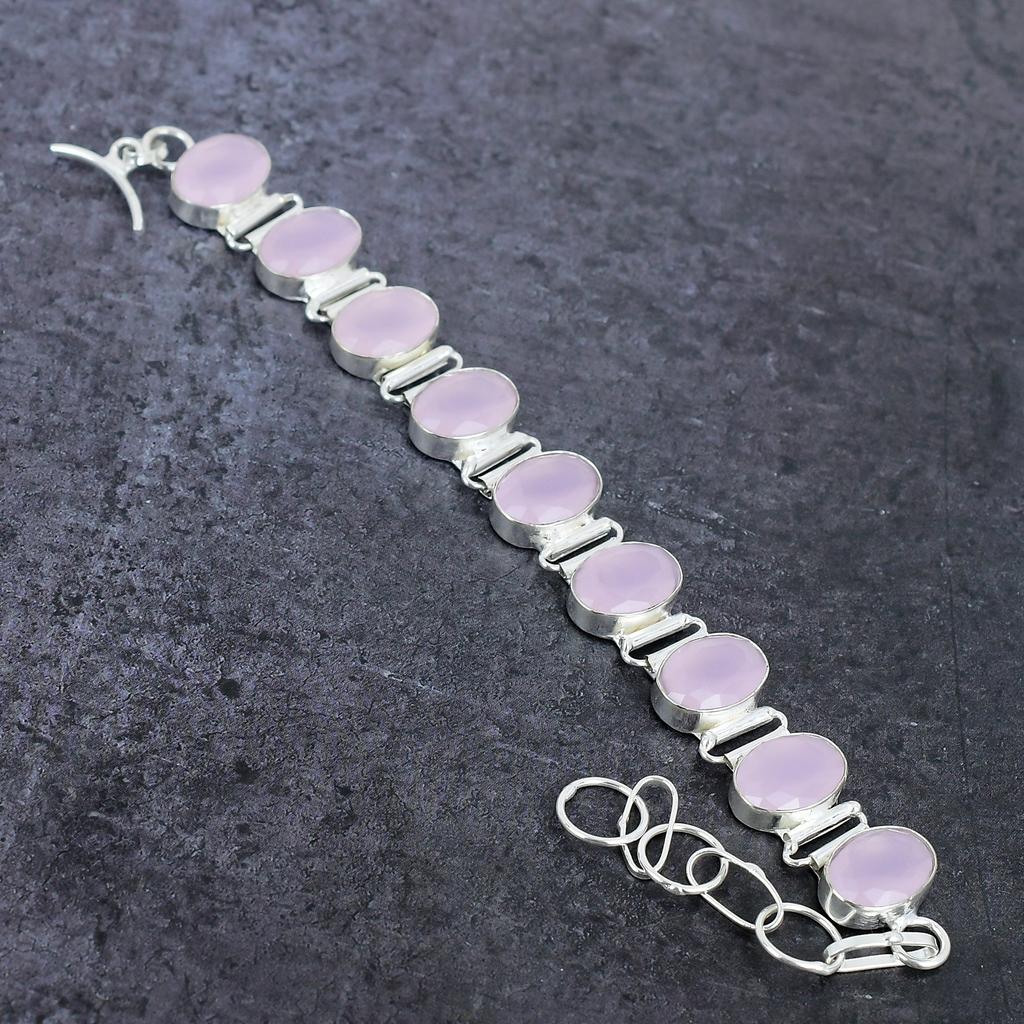 Браслет ручной работы из серебра 925 пробы с розовым халцедоном, длина 7-8 дюймов, a0P32