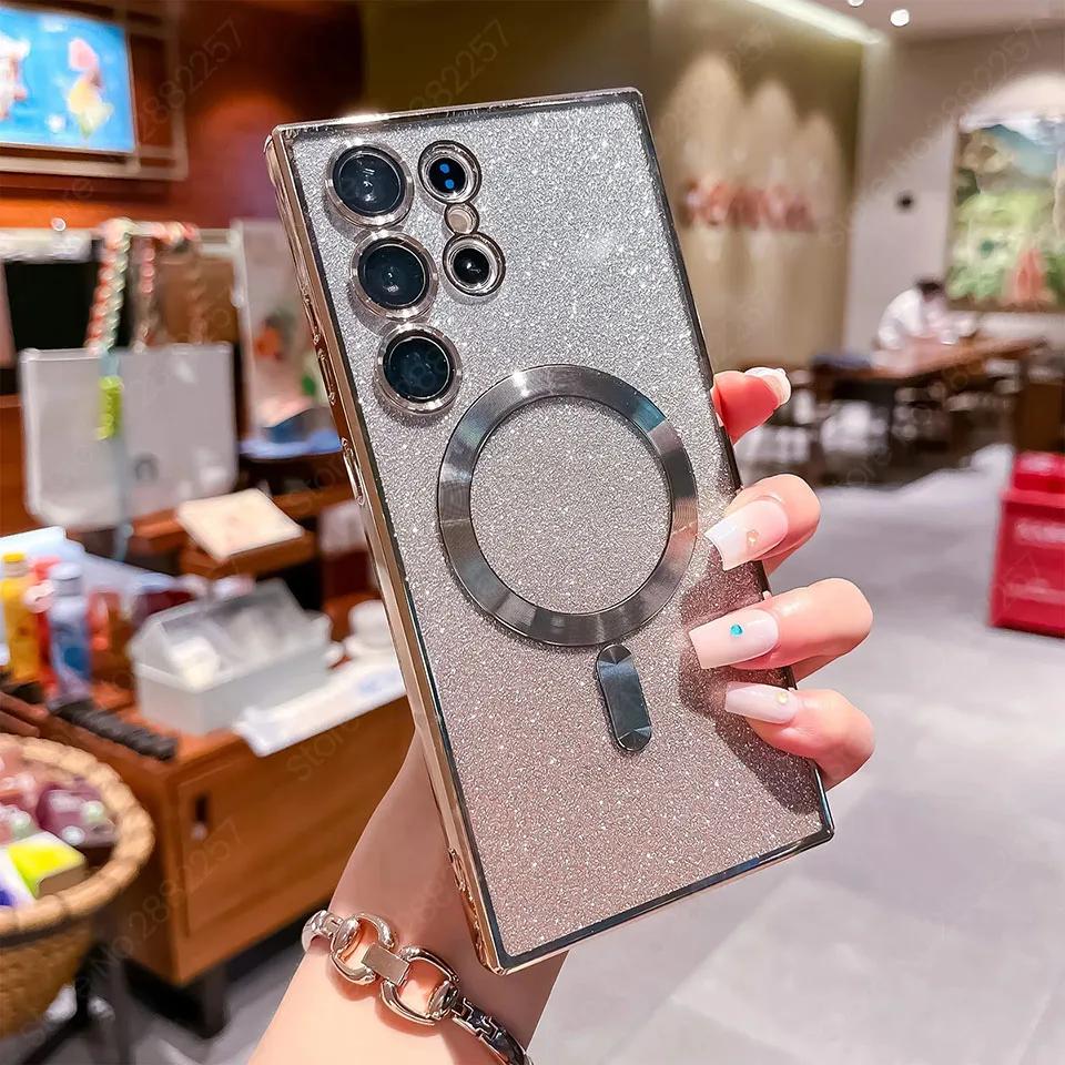 Роскошное гальваническое покрытие с блестками, магнитный чехол для Magsafe для Samsung Galaxy S21 FE S22 S23 S24 Ultra, чехлы для телефонов, чехол для беспроводной зарядки