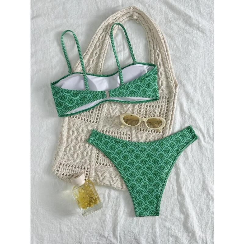 Сексуальный купальник бандо 2025 женский зеленый с цветочным принтом плиссированный пуш-ап с подкладкой стринги летний купальный костюм из двух частей купальник бикини