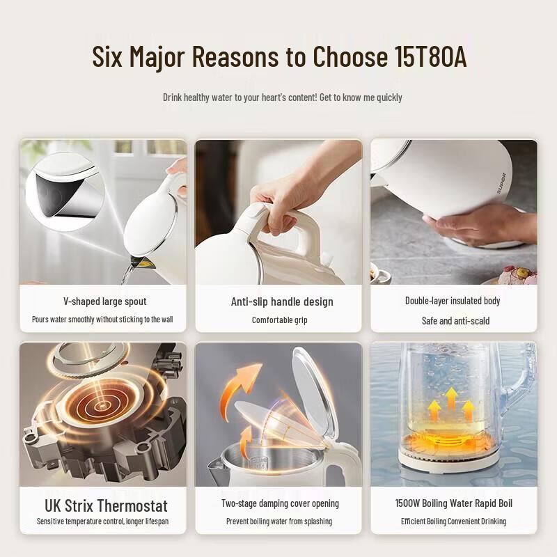 Электрический чайник Supor 1,5 л, двухстенный, из нержавеющей стали, с защитой от ожогов