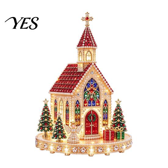 Decorative Table Ornament Christmas Faux Gem Art Kit, Make Light-up Shiny Church Xmas Village House, Relaxation for Adults DIY Rhinestone Pearl Craft