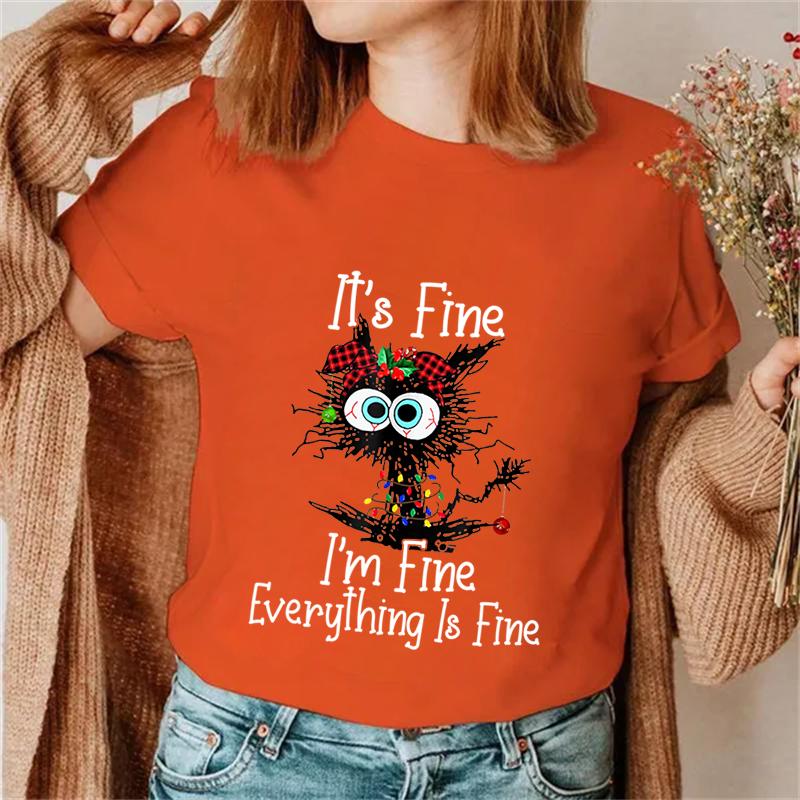 It's Fine I'm Fine Everything Футболки с принтом кота, топы, женская футболка, рождественские футболки с огнями Санта-Клауса, женские топы 90-х Ulzzang, футболки