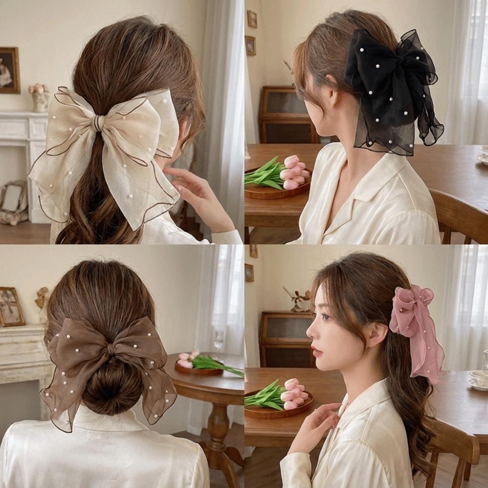 Pearl Decor Bow Hair Clip Sweet Ponytail Holder Fairy Style Sheer Organza Spring Clip Party