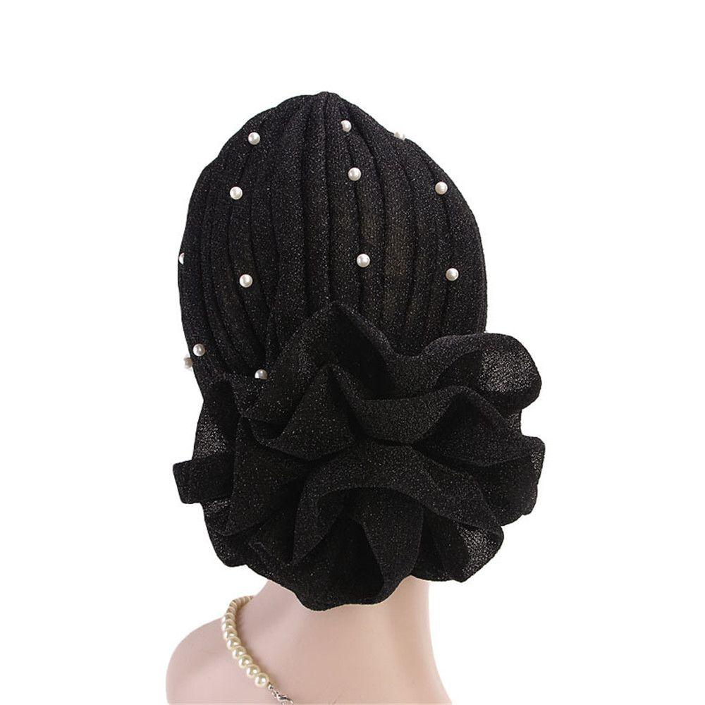 Elegant Hair Loss Head Scarf Muslim Hat Pearls Turban Cap Big Flower Women Cancer Chemo Cap
