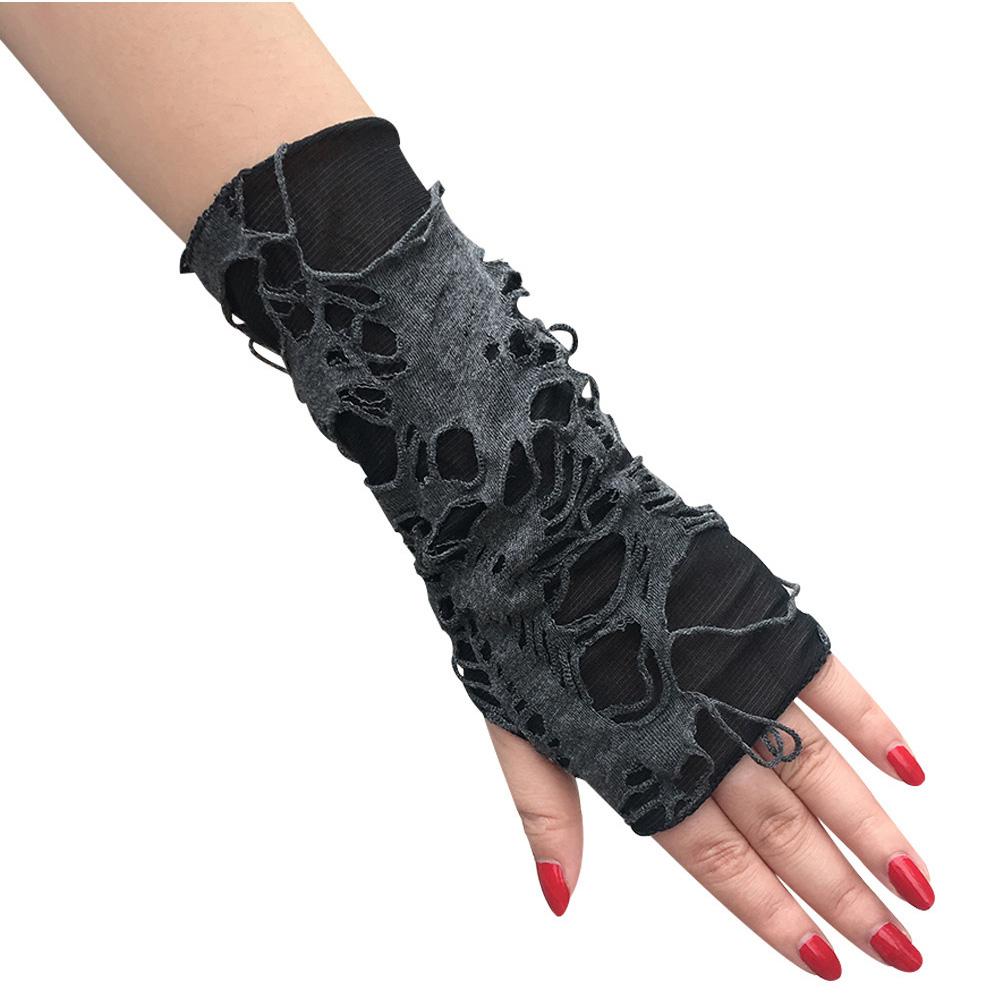 Митенки Унисекс Готические Черные С Прорезями и Разрывами Перчатки Без Пальцев Панк Перчатки