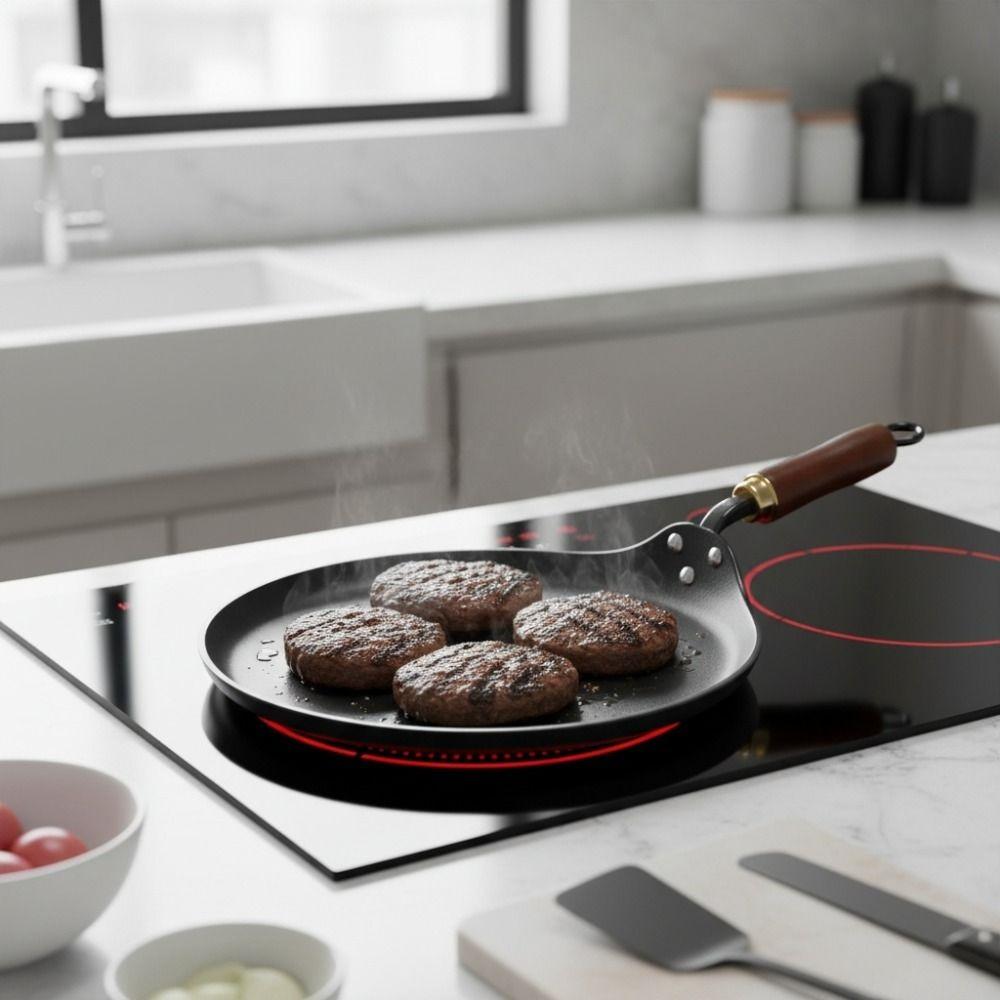Wood Handle Cast Iron Frying Pan Thickened Flat Skillet Crepe Maker Induction Cooker