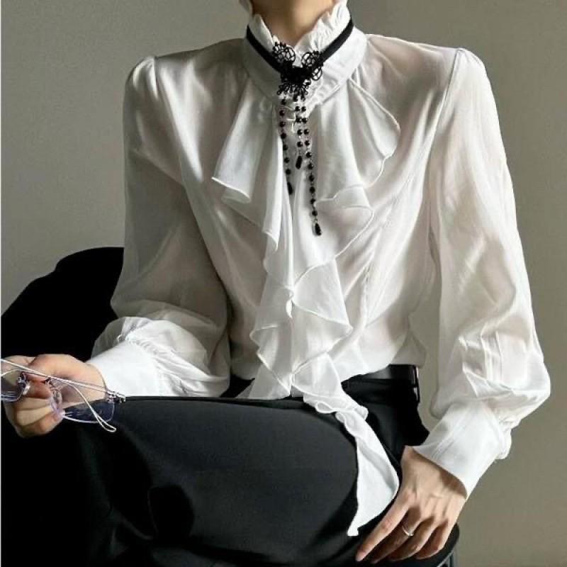 White V-Neck Ruffle Lantern Sleeve Shirt Slim Fit Elegant Blouse Women