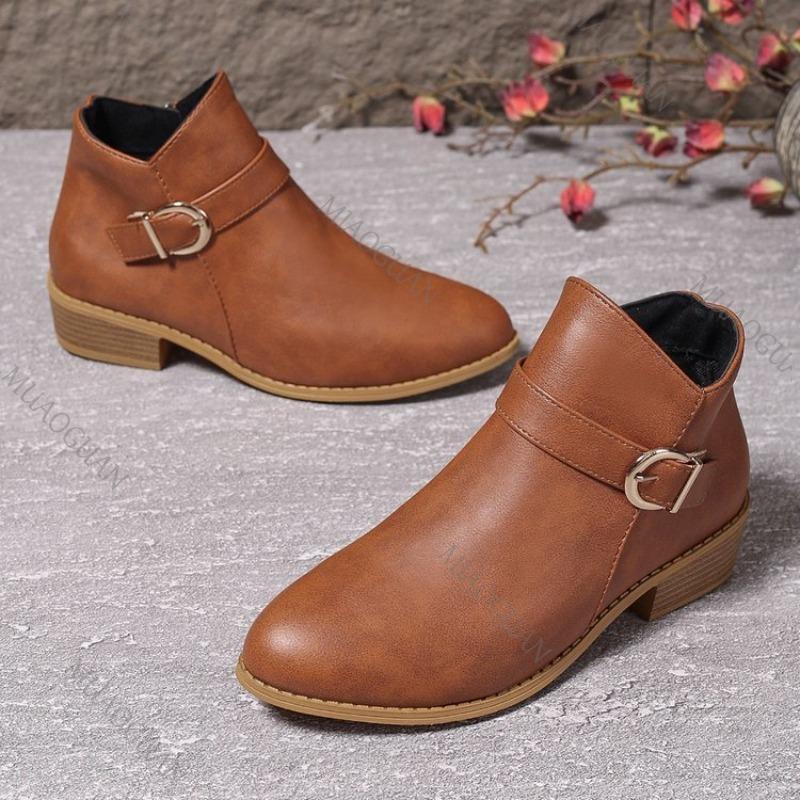 Roman Retro Short Boots Women 2025 Spring Autumn Shoes Casual Round Head Thick Low Heels Brown Side Zipper Ankle Boots for Women