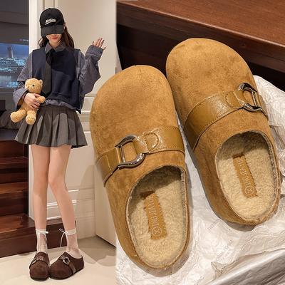 Модные меховые босоножки на платформе из замши, женские хлопковые тапочки, удобные прогулочные туфли 2024 года, зимние женские брендовые ретро-модные плюшевые тапочки
