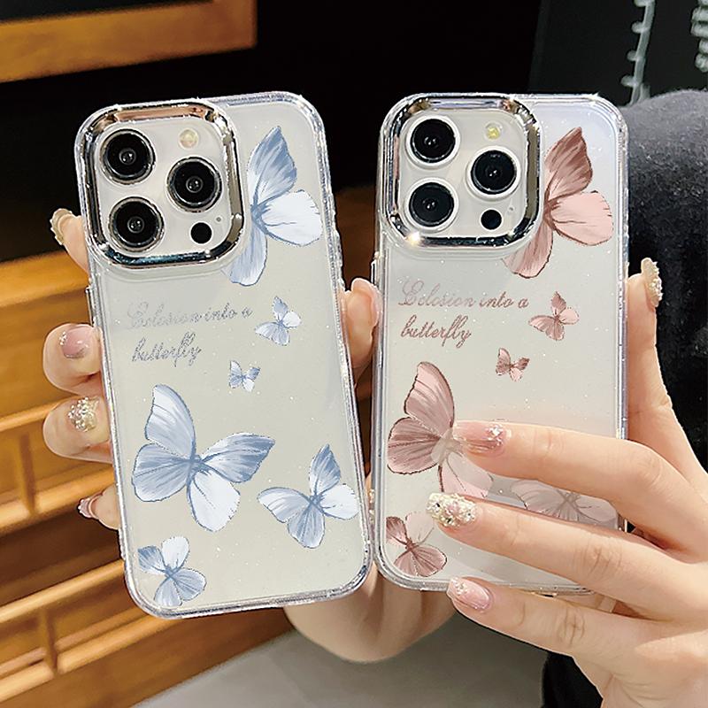 Luxury Electroplating Lens Frame Butterfly Print Case For iPhone 15 16 Pro Max Plus 14 13 12 Pro 11 Transparent TPU Phone Cover