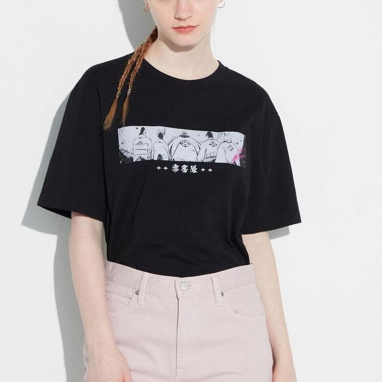 Uniqlo X Bleach Мультяшный Аниме Принт Футболка с Круглым Вырезом Унисекс Топы Черный 466058-09