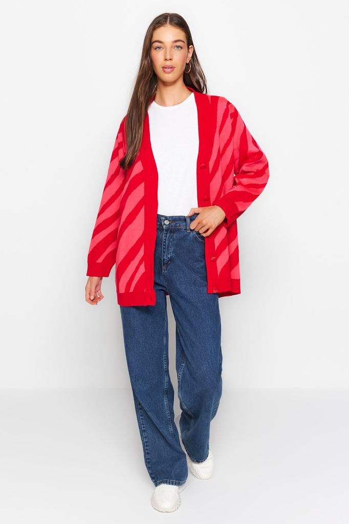 Женский модный стильный кардиган в хиджабе, красный вязаный кардиган в полоску с животными