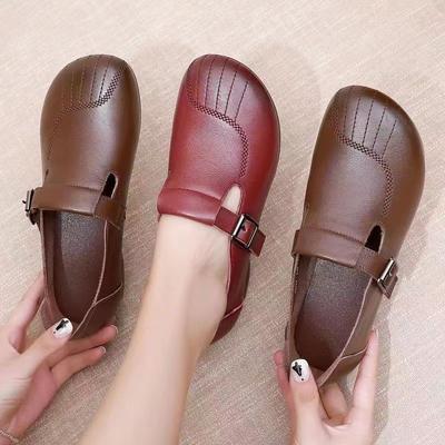Туфли на толстой подошве с круглым носком, маленькие кожаные туфли, лето 2025, на плоской подошве, в стиле ретро, универсальные, женские одинарные туфли для пожилых матерей, дышащие