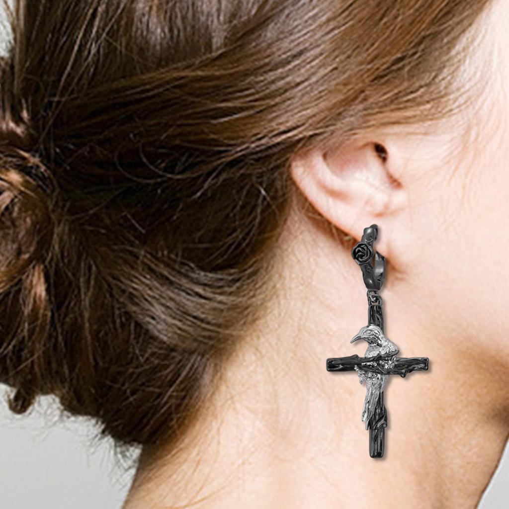 Gothic Cross Raven Punk Earrings Edgy Dark Jewelry Unique Design Ear Studs Alloy Hypoallergenic Ear Jewelry for Women