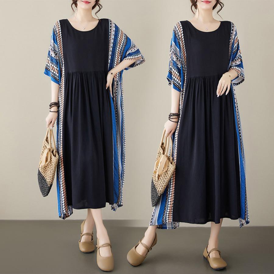 Cotton Linen Plus Size Vintage Printed Dresses Autumn Clothing Women Casual Loose Long Summer Dress