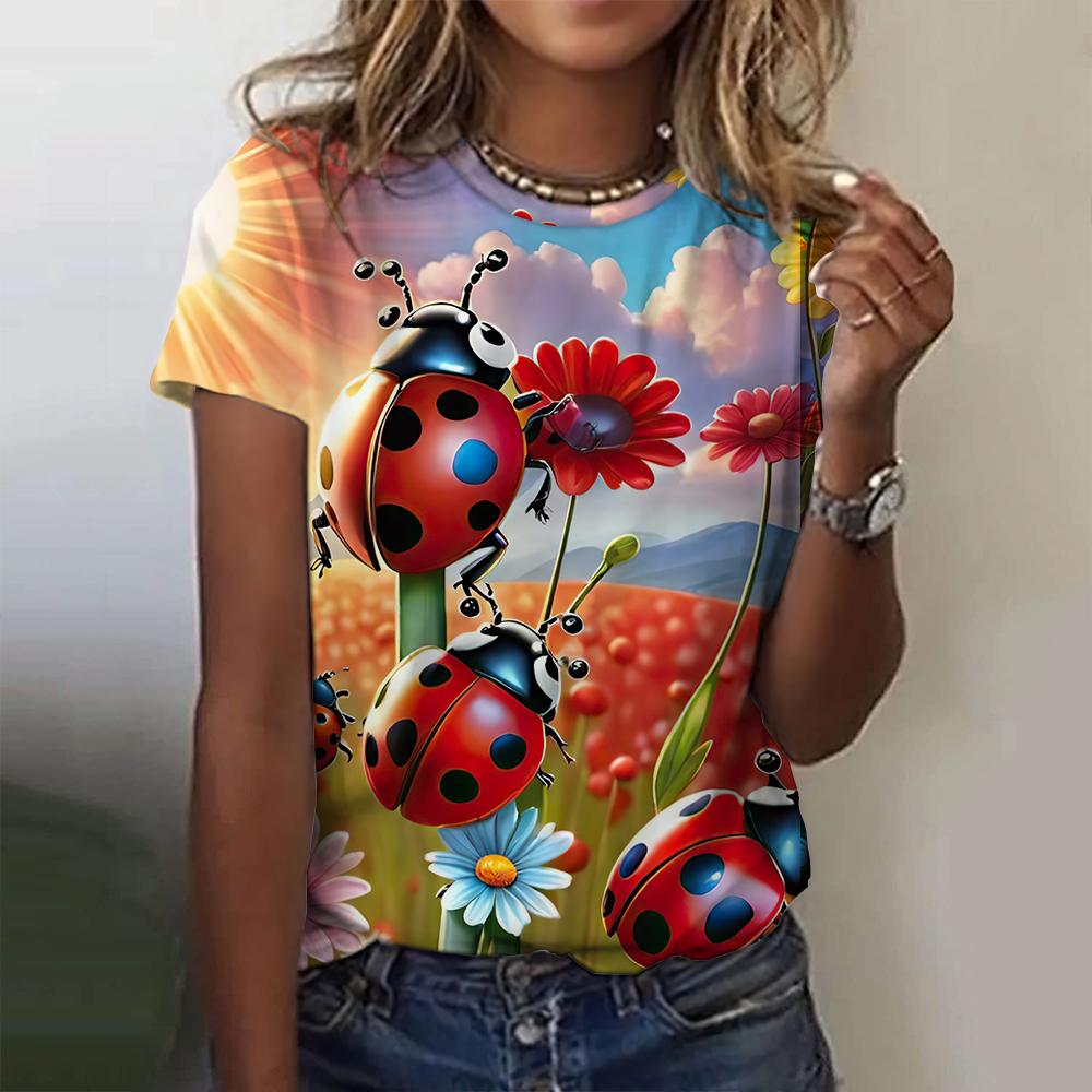 Ladybug Printing Women's T-Shirts Top Short Pullover Sleeved Fashion Street Round-Neck Tee Shirt Female Everyday Clothing Summer