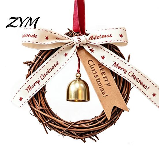 Door And Window Hanging Tags Christmas Bell Rattan Wreath Ornament, Rustic Handle Wind Winter Holiday Items Chime Decor with Ribbon Bow, Gift for Home
