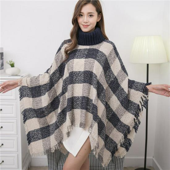 European and American High Neck Plaid Cape - Batwing Sleeve Knitted Pullover Shawl for Women