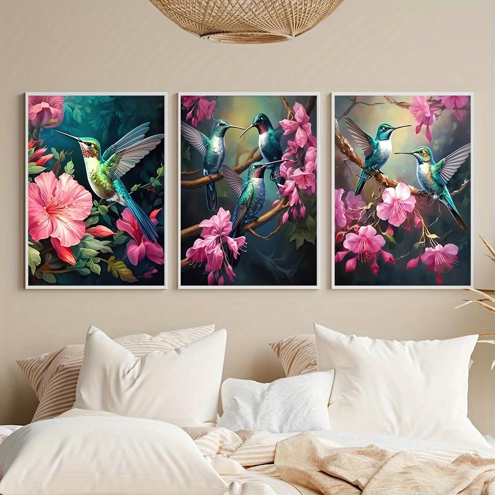 Modern Glam Frameless Hummingbird Bird Animal Print Wall Hanging Decor Pink Flowers for Living Room, Wall Decor, No Frame
