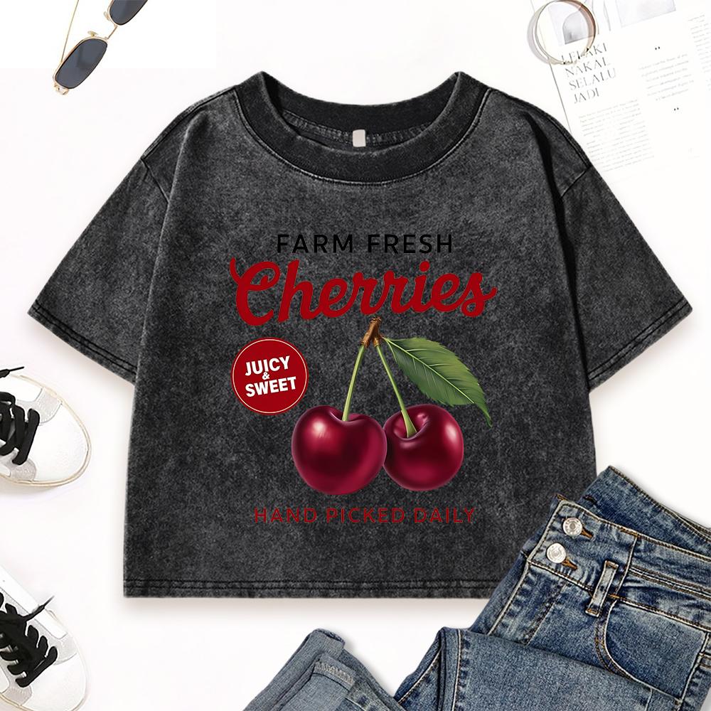 Farm Fresh Cherries Juicy Sweet Print Women Crop Washed T-Shirts Street Cotton T Shirt Crewneck Soft Top