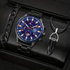 3pcs/set 1pc Fashion Men's Calemdar Business Stainless Steel Quartz Watch & 1pc Men's Bracelet & 1pc Men's Neckalce