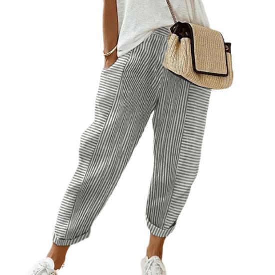 Women Casual Pants Elastic Waist Mid-rise Summer Jacquard Long Pants with Pockets Striped Print Loose Fit Trousers
