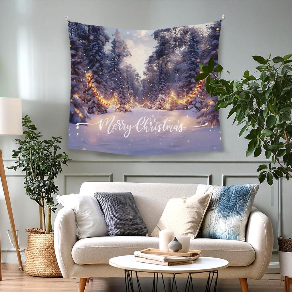 Winter Wonderland Christmas Hanging Wall Tapestry for Bedroom Cozy Winter Snow Forest Rustic Christmas Holiday Wall Hanging