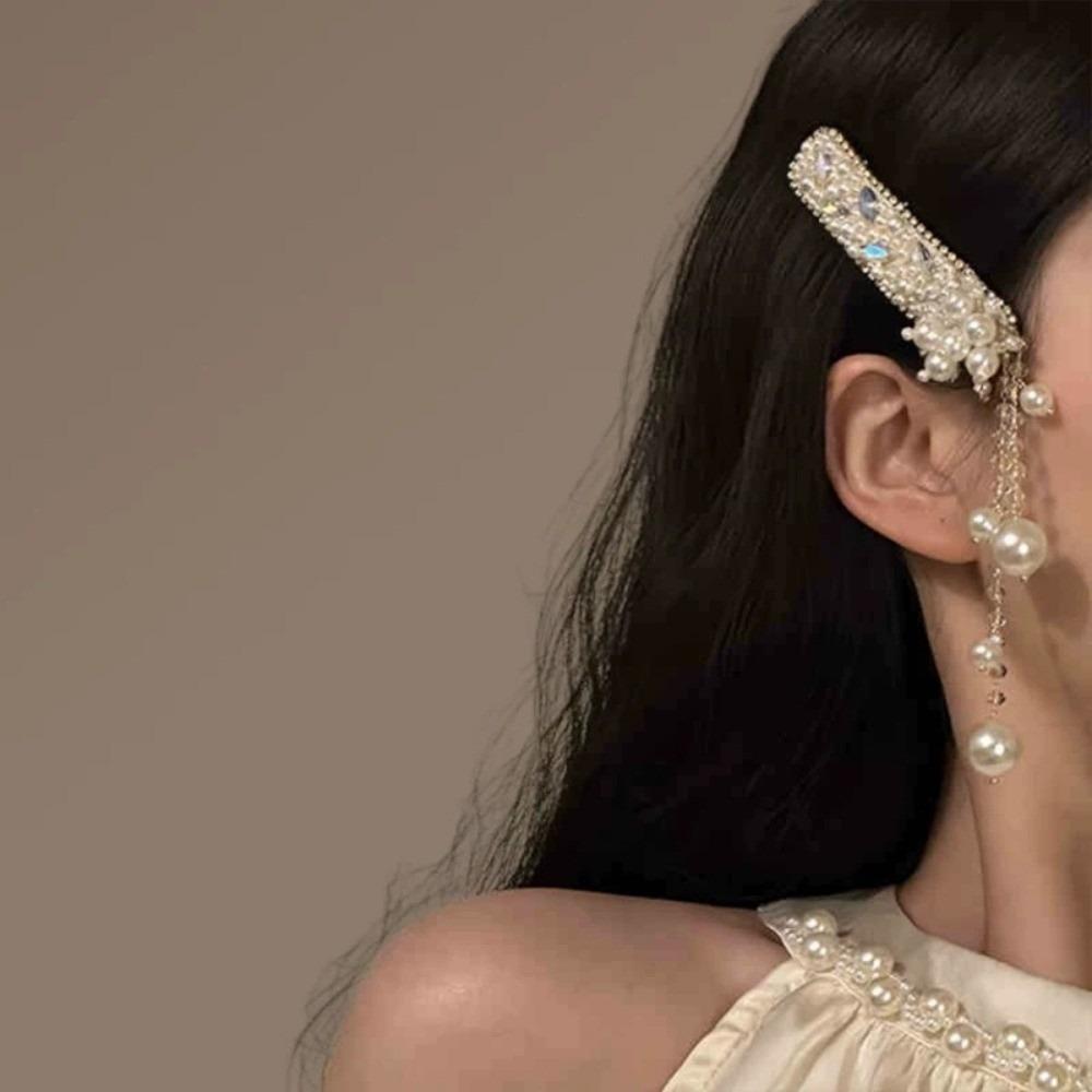 Exquisite Pearl Tassel Hair Clip Crystal Chinese Style Side Bangs Clip Women's Headdress for Special Occasions